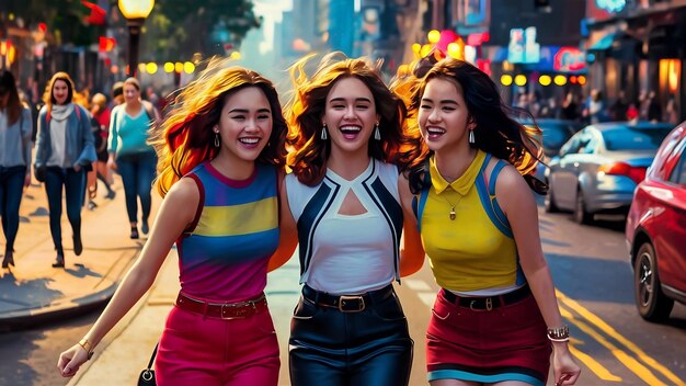 Three young women talking and laughing in the street