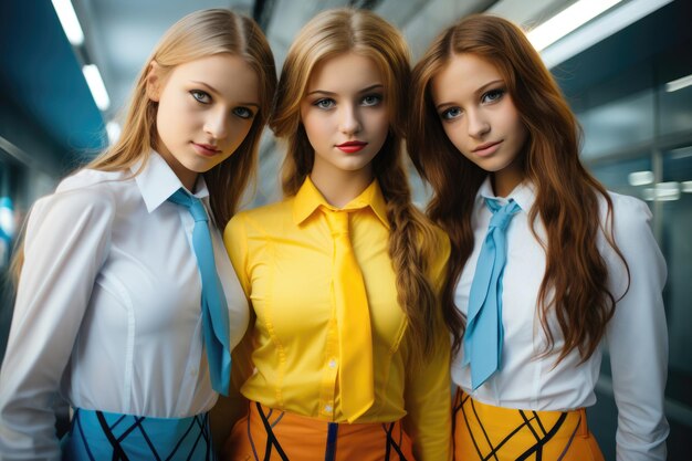 Three young women wearing school uniforms and ties pose for a picture