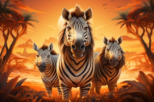 три зебры стоят на фоне заката