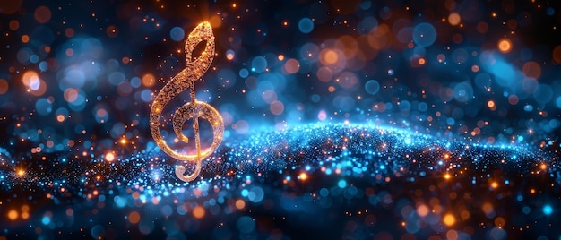 Threedimensional abstract digital clef treble on blue background accompanied by stars Symbols of music school clef signs treble notes poster art and song staffs