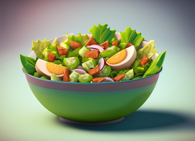 Threedimensional bowl of salad in cartoon style