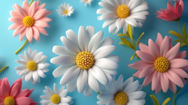 A threedimensional collection of colored daisies isolated over a blue background