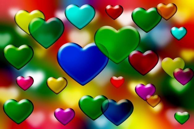 Трехмерный цветной фон с сердечками разных цветов на размытой поверхности