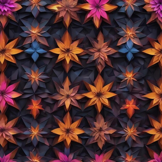 Threedimensional dark geometry pattern with sixpointed flowers
