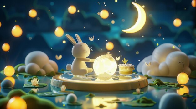 Threedimensional illustration of the Mid Autumn festival Mochi pounding on a glass disc in the night sky Moon cake and pieces fluttering around the scene Translation Happy Mid Autumn festival