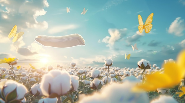 Threedimensional illustration of sanitary pad packages flying over a cotton field on a sunny day with yellow butterflies flying through Concept of soft textured pads with wings