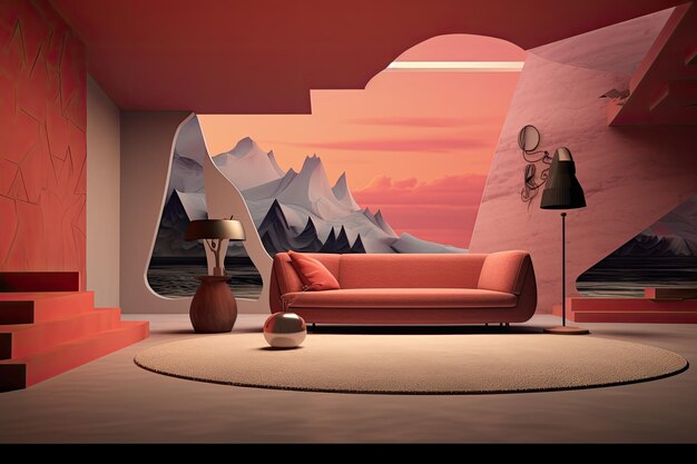 Foto un'illustrazione tridimensionale che mostra un soggiorno con uno sfondo a parete creato tramite rendering