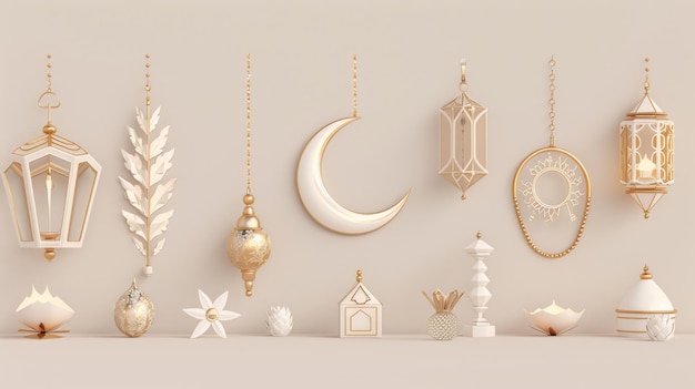 Foto set di elementi festivi islamici tridimensionali isolati su uno sfondo beige chiaro gli oggetti includono la decorazione della mezzaluna un disco utilizzato per visualizzare un'immagine un rosario foglie dorate una lanterna del ramadan