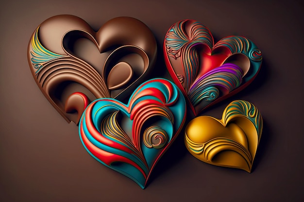 Threedimensional multicolored chocolate hearts on dark brown background created with generative ai