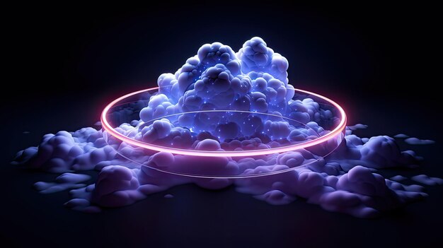 Foto nube di neon tridimensionale con anello illuminato sul cielo notturno scuro cumulo astratto incandescente