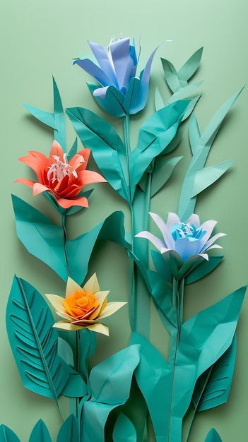 Threedimensional paper flowers in blue orange and teal with green leaves on a pastel green