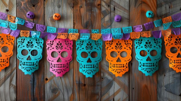 Photo threedimensional paper picado garland with mexican symbols for dia de los muertos in multicolor