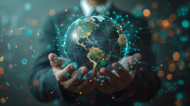 Threedimensional rendering of a businessman on a blurred background using a flying earth network interface