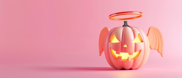 Трехмерное изображение тыквы Хэллоуин с ангелом ореолом на пастельно-розовом фоне Креативная идея Минимальная концепция