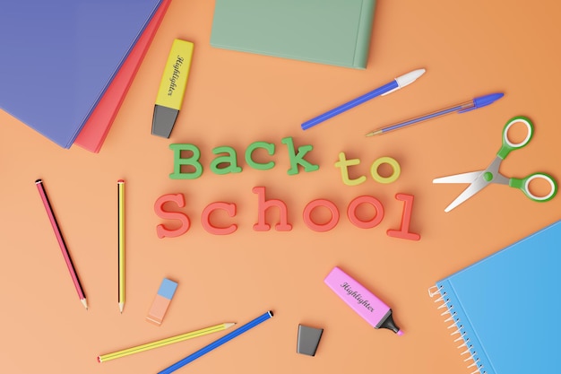 Threedimensional text back to school surrounded by school supplies 3d illustration