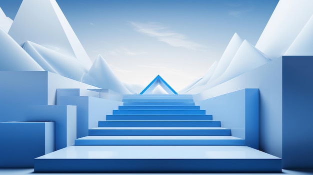 Threedimensional white arrow ascending bright blue steps against an abstract geometric background