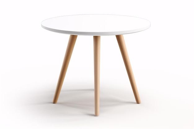 A threelegged petite circular white espresso table is situated on an unadulterated backdrop