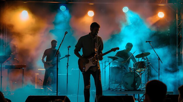 A threeperson band is performing on a stage The guitarist is in the center the drummer is on the right and the bassist is on the left