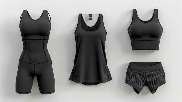 Photo threepiece black womens sportswear set the set includes a sports bra a tank top and a pair of shorts