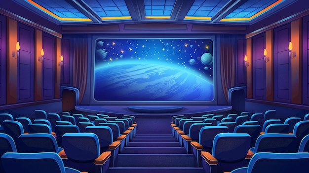 Threesided panoramic theater screen with theater seats with 3D video of galaxy planets and stars in outer space modern cartoon illustration