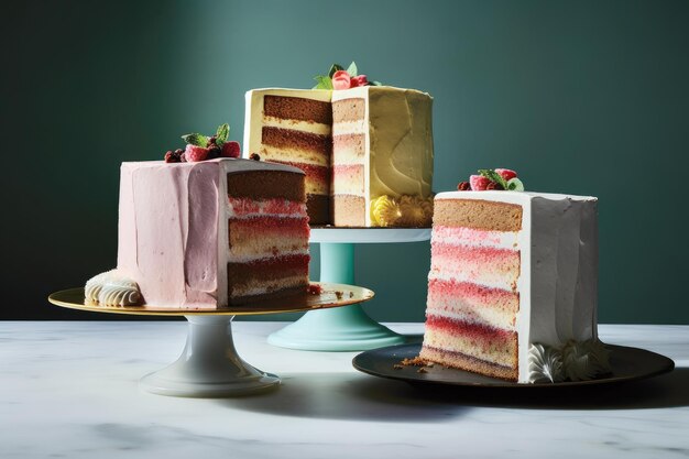 A threetiered cake each layer a different flavor and frosting created with generative ai