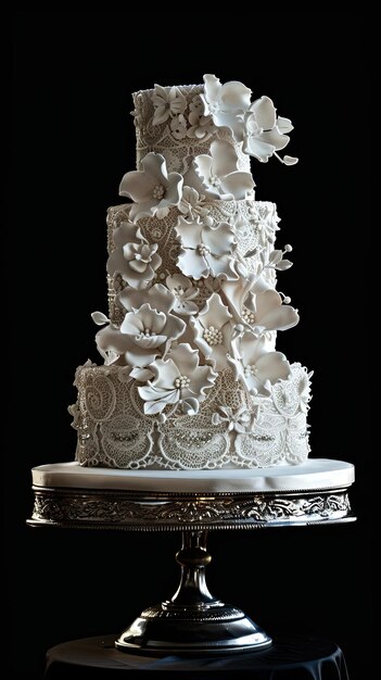 Photo a threetiered wedding cake with intricate lace patterns and delicate sugar flowers ai generative