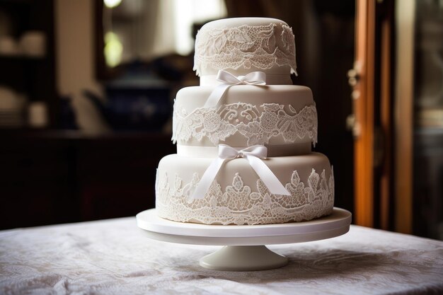 Threetiered wedding cake with intricate lace and ribbon detailing created with generative ai