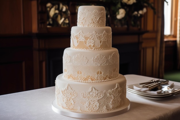 Threetiered wedding cake with intricate lace and ribbon detailing created with generative ai