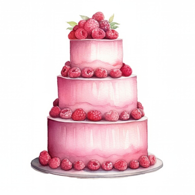 Threetiered wedding cake with raspberries on a white background