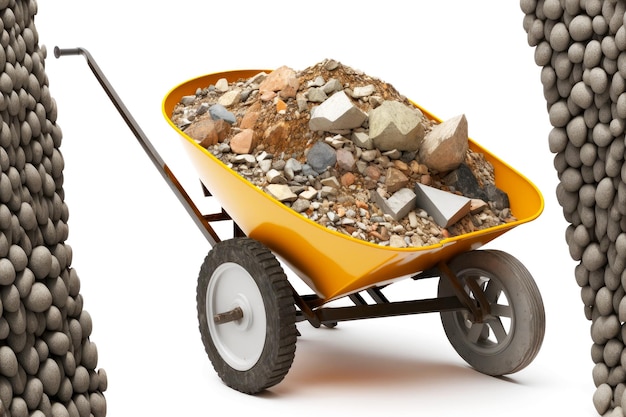 Photo threewheeled construction wheelbarrow filled with rubble isolated on white background