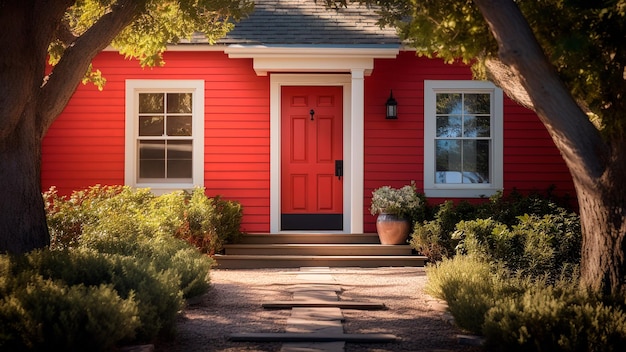 At the threshold of a captivating home with a striking red door Generative AI