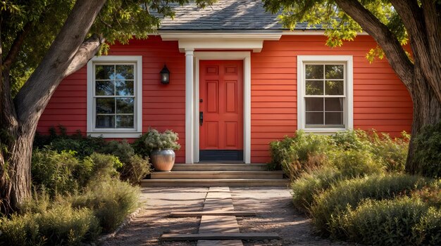 Photo at the threshold of a captivating home with a striking red door generative ai