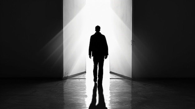 Threshold journey silhouette of man walking through door on white