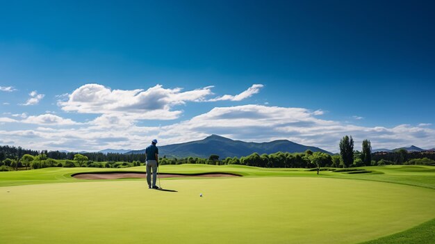 The thrill of lining up a putt with a bright sky overlooking the green course landscape