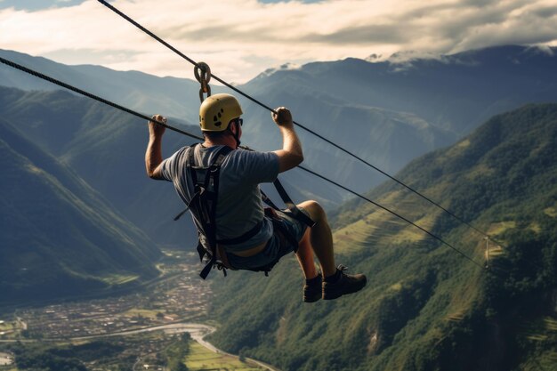 Photo thrilling adventure daredevil adult man soars across ecuadorian andes on zip line