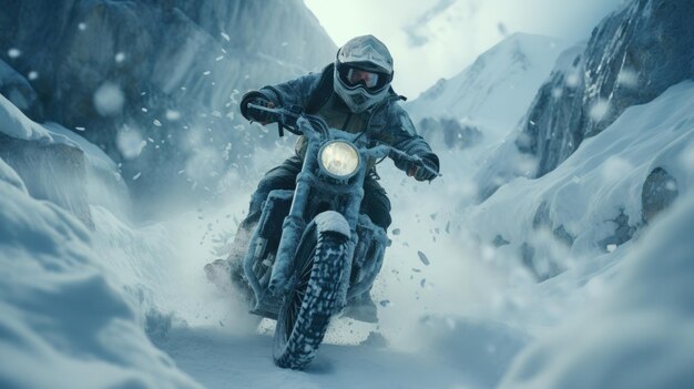 Увлекательное приключение мотоциклиста, участвующего в гонках по заснеженной горной местности