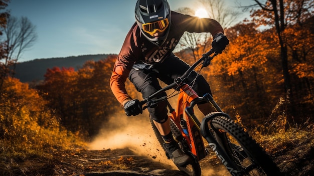 Thrilling Autumn Descent A Downhill Mountain Biker Conquers the Trail in Glorious 169