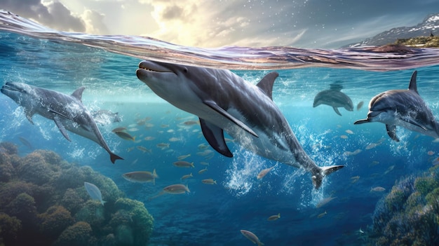A thrilling confrontation between a team of heroic dolphins and a gang of treacherous sharks under the crystalclear waters of a tropical reef with other fishes Generative AI AIG27