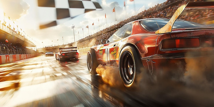 Photo the thrilling final moments of a car race with the leading car crossing the finish line at high