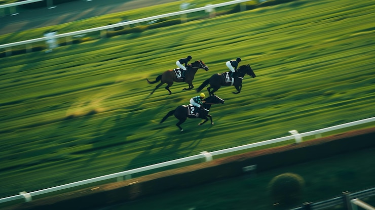 Photo 地元 の 競馬 場 で 朝 の 光 の 中 で 刺激 的 な 馬 の レース が 勝利 の ため に 競い合っ て いる