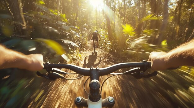 A thrilling mountain biking adventure amidst a verdant forest as sunlight streams through the towering trees illuminating the exhilarating movement and fierce determination of the rider F