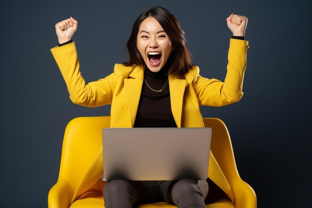 Thrilling triumph exultant asian woman claims sensational online prize celebrating victory in digi