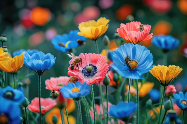 A thriving garden with colorful flowers buzzing bees and a peaceful atmosphere