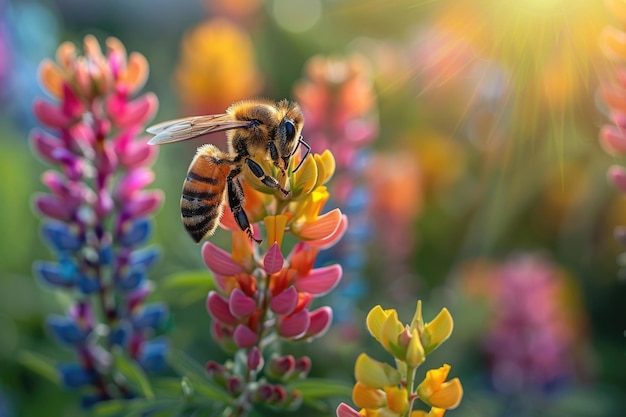 色とりどりの花がくミツバチがうなずく平和な囲気のある繁栄する庭