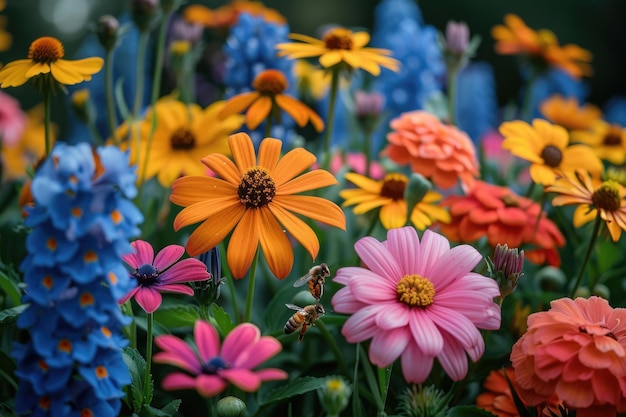 A thriving garden with colorful flowers buzzing bees and a peaceful atmosphere