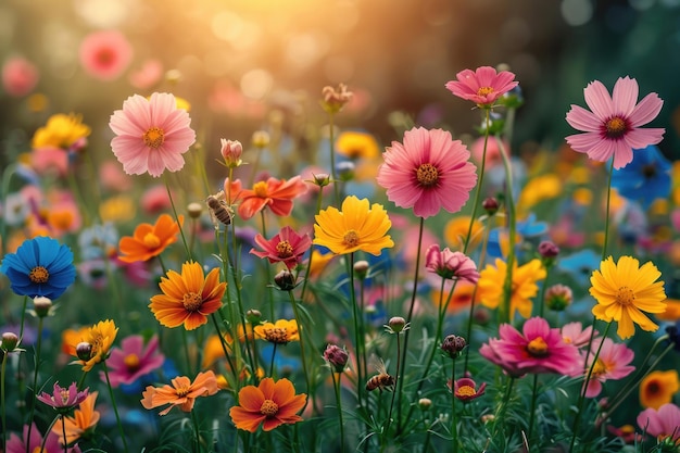 A thriving garden with colorful flowers buzzing bees and a peaceful atmosphere