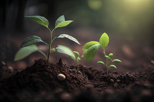 Thriving Green Sprouts on Forest Soil Background