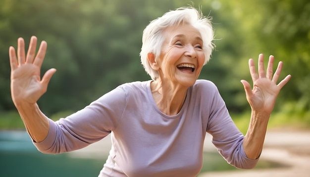 Photo thriving in motion a spirited elder woman radiates health outdoors