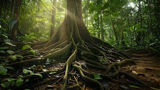 繁栄 し て いる 雨林 の 根 は 緑 の 生態系 を 維持 し て い ます