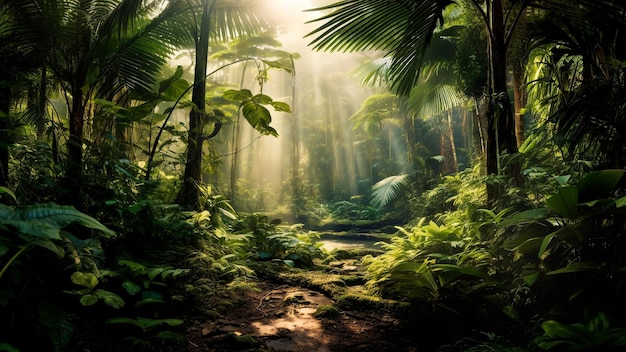 Фото Процветающие тропические леса, обильные в зелени с солнечным светом генеративный ии